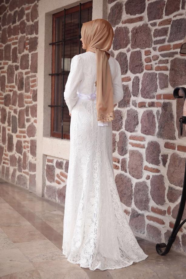 Tesettür giyim  DANTELLİ BELİ KUŞAKLI ABİYE ELBİSE 9713 - TRENDTESETTÜR