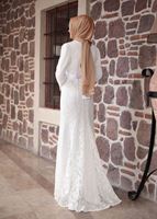 Tesettür giyim KREM DANTELLİ BELİ KUŞAKLI ABİYE ELBİSE 9713