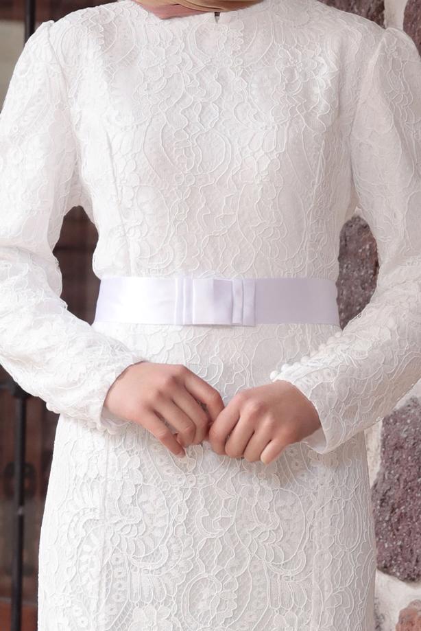 Tesettür giyim  DANTELLİ BELİ KUŞAKLI ABİYE ELBİSE 9713 - TRENDTESETTÜR