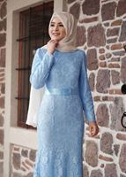 Tesettür giyim MAVİ DANTELLİ BELİ KUŞAKLI ABİYE ELBİSE 9713