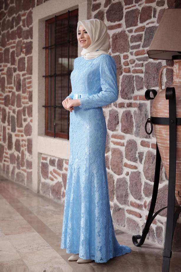 Tesettür giyim  DANTELLİ BELİ KUŞAKLI ABİYE ELBİSE 9713 - TRENDTESETTÜR