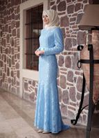 Tesettür giyim MAVİ DANTELLİ BELİ KUŞAKLI ABİYE ELBİSE 9713