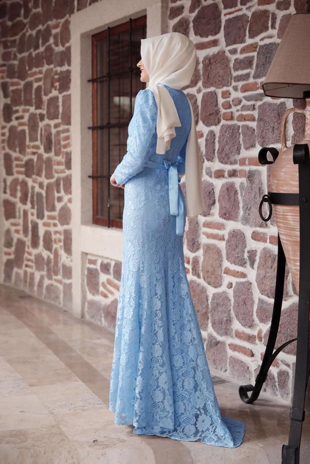 Tesettür giyim  DANTELLİ BELİ KUŞAKLI ABİYE ELBİSE 9713 - TRENDTESETTÜR