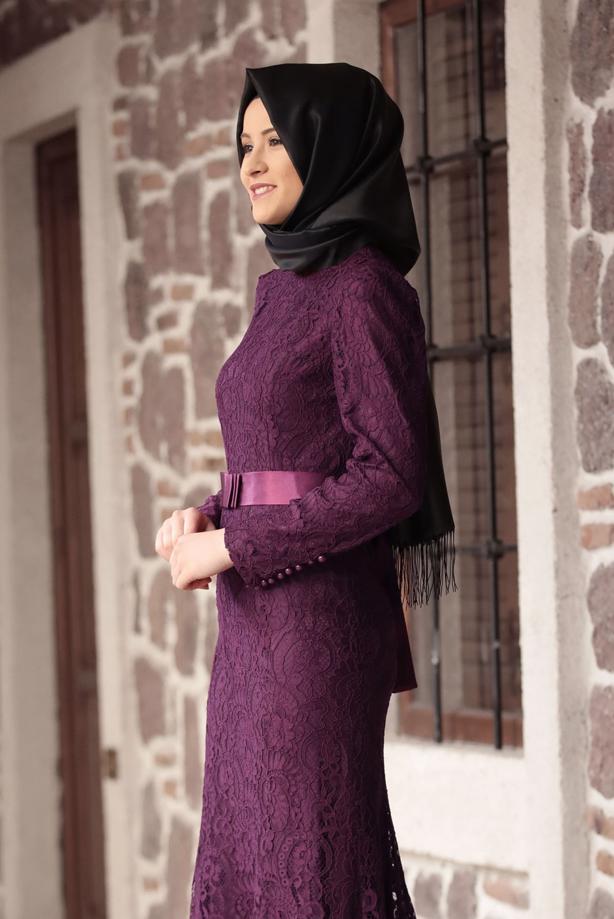 Tesettür giyim  DANTELLİ BELİ KUŞAKLI ABİYE ELBİSE 9713 - TRENDTESETTÜR