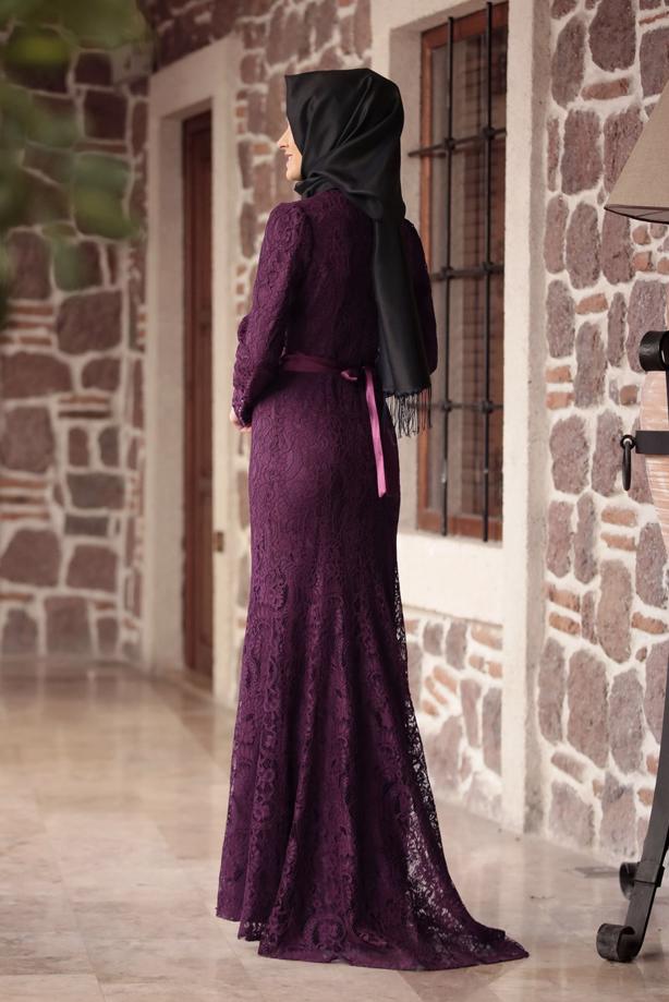Tesettür giyim  DANTELLİ BELİ KUŞAKLI ABİYE ELBİSE 9713 - TRENDTESETTÜR