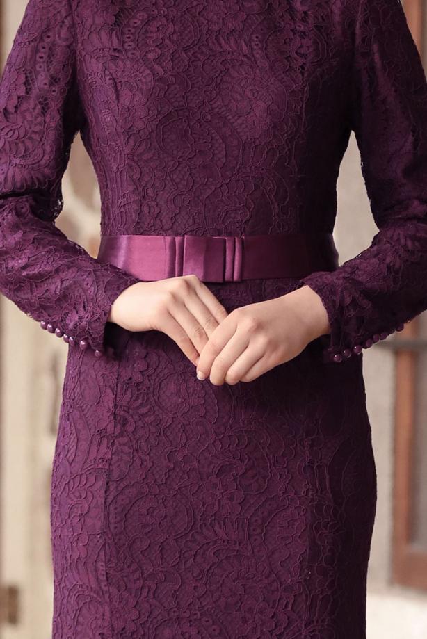 Tesettür giyim  DANTELLİ BELİ KUŞAKLI ABİYE ELBİSE 9713 - TRENDTESETTÜR