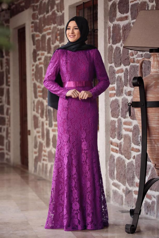 Tesettür giyim  DANTELLİ BELİ KUŞAKLI ABİYE ELBİSE 9713 - TRENDTESETTÜR