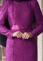 Tesettür giyim FUŞYA DANTELLİ BELİ KUŞAKLI ABİYE ELBİSE 9713