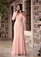 Tesettür giyim PUDRA DANTELLİ BELİ KUŞAKLI ABİYE ELBİSE 9713