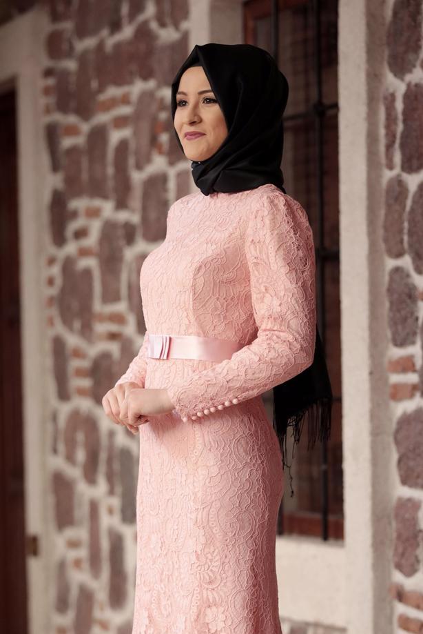 Tesettür giyim  DANTELLİ BELİ KUŞAKLI ABİYE ELBİSE 9713 - TRENDTESETTÜR