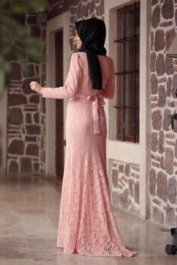 Tesettür giyim  DANTELLİ BELİ KUŞAKLI ABİYE ELBİSE 9713 - TRENDTESETTÜR