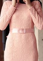 Tesettür giyim PUDRA DANTELLİ BELİ KUŞAKLI ABİYE ELBİSE 9713