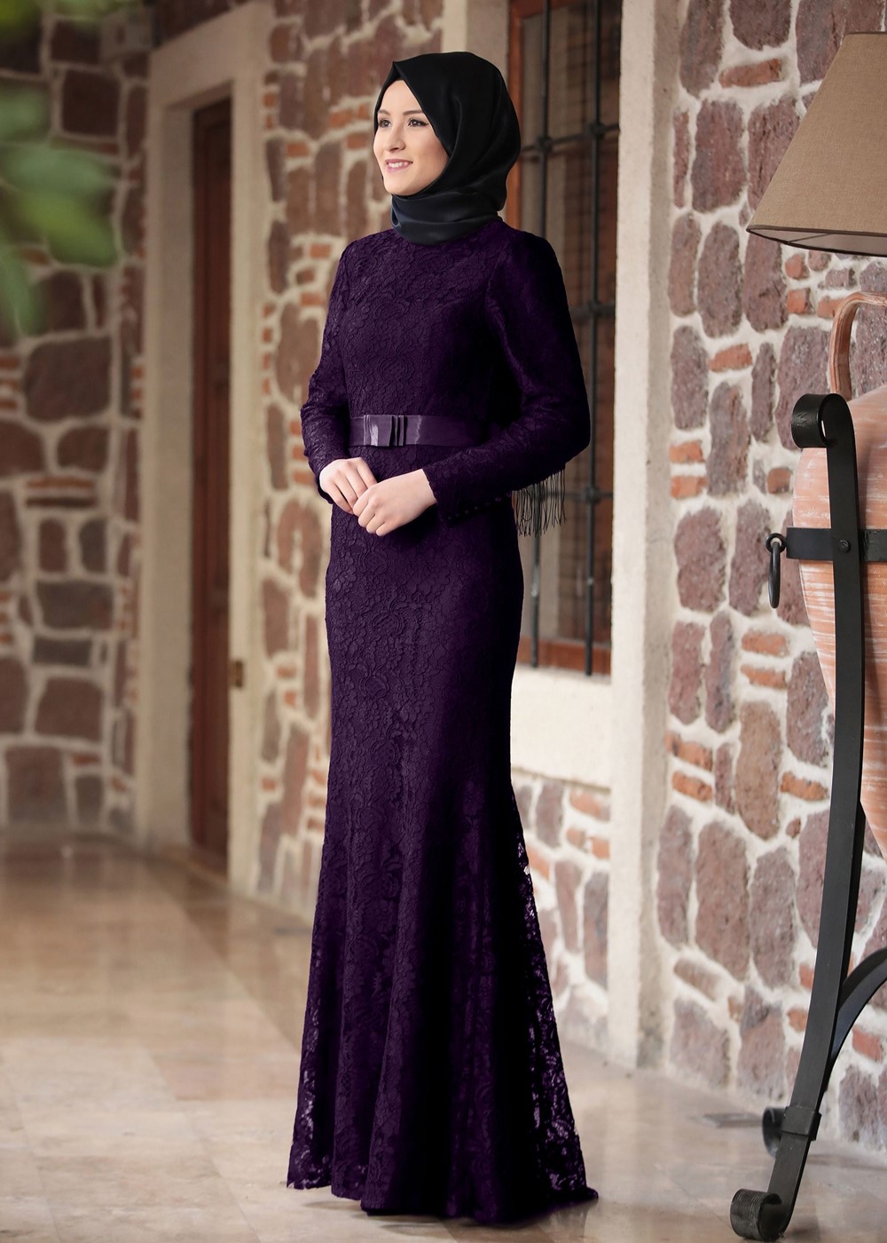 Tesettür giyim MÜRDÜM DANTELLİ BELİ KUŞAKLI ABİYE ELBİSE 9713