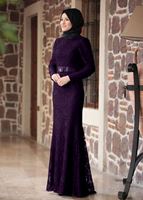 Tesettür giyim MÜRDÜM DANTELLİ BELİ KUŞAKLI ABİYE ELBİSE 9713