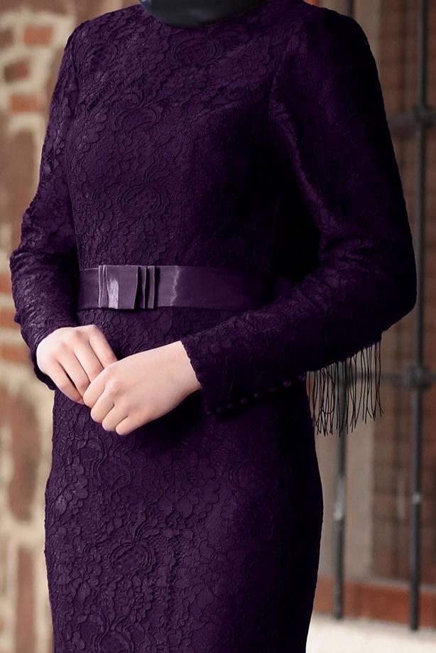 Tesettür giyim  DANTELLİ BELİ KUŞAKLI ABİYE ELBİSE 9713 - TRENDTESETTÜR