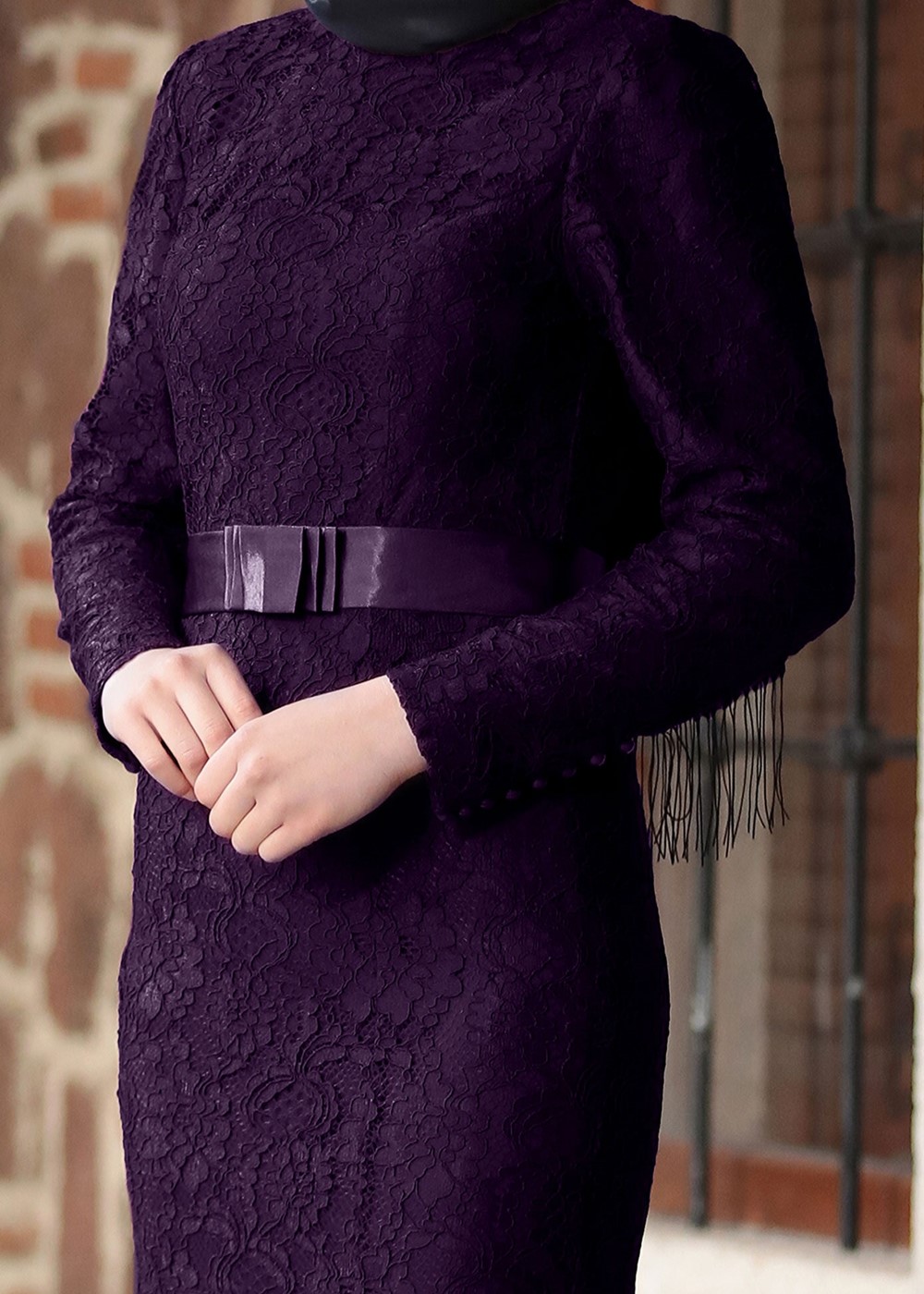 Tesettür giyim MÜRDÜM DANTELLİ BELİ KUŞAKLI ABİYE ELBİSE 9713