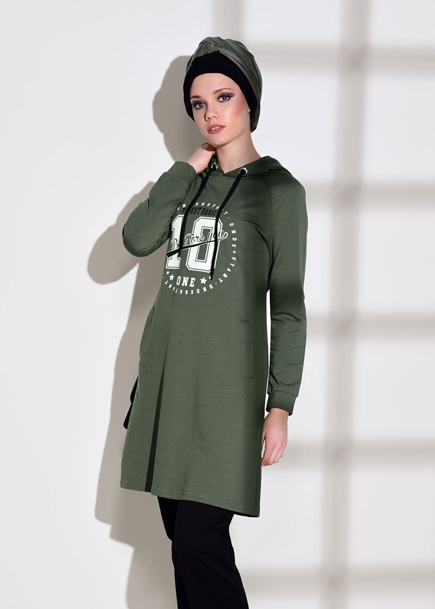 Tesettür giyim HAKİ BASKILI CEP DETAYLI EŞOFMAN TAKIMI 0708 