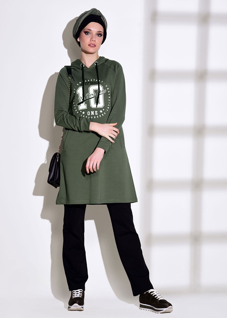 Tesettür giyim HAKİ BASKILI CEP DETAYLI EŞOFMAN TAKIMI 0708 