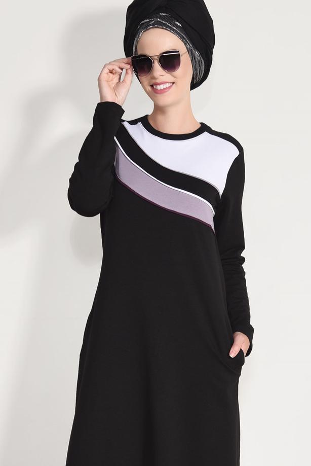 Hijab clothing BLACK STRIPED TRACKSUIT DRESS 0918  - TRENDTESETTÜR