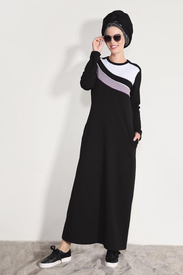 Hijab clothing BLACK STRIPED TRACKSUIT DRESS 0918  - TRENDTESETTÜR