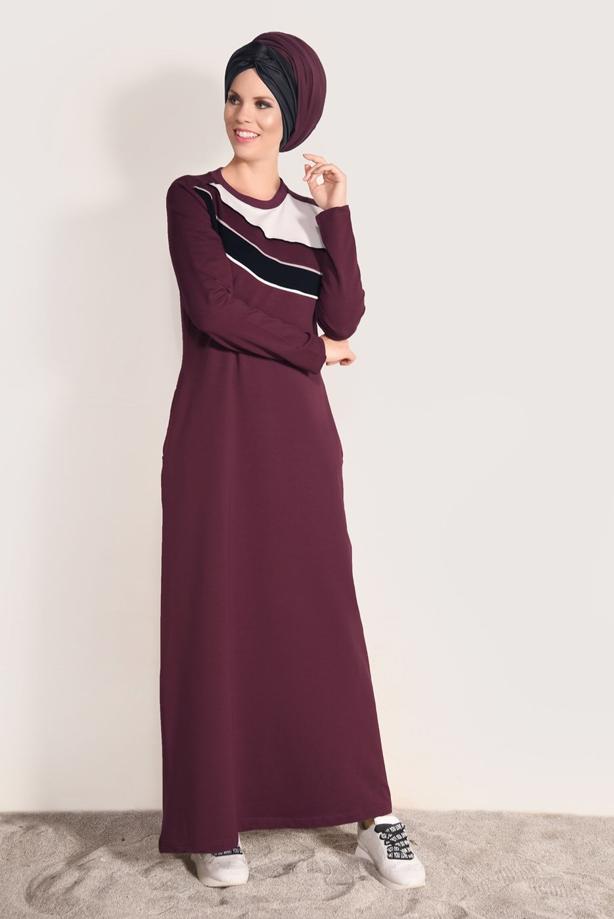 Hijab clothing CLARET RED STRIPED TRACKSUIT DRESS 0918  - TRENDTESETTÜR