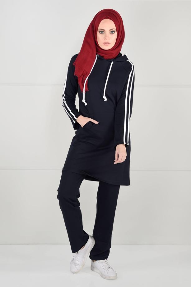 Hijab clothing NAVY BLUE Side Stripe Detailed Tracksuit Pants T 1500  - TRENDTESETTÜR