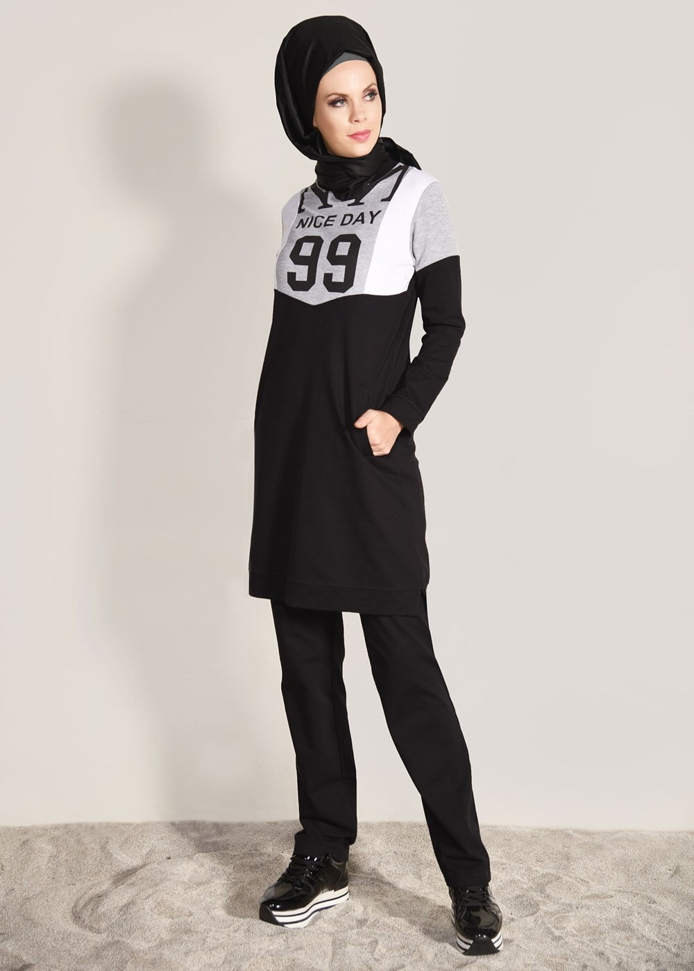 Vêtements hijab NOIR ENSEMBLE SURVÊTEMENT DÉTAIL POCHE 1918