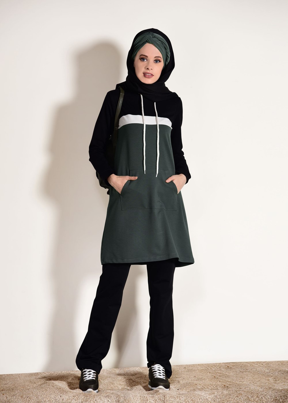 Tesettür giyim HAKİ KAPÜŞONLU CEP DETAYLI EŞOFMAN TAKIM 3518 