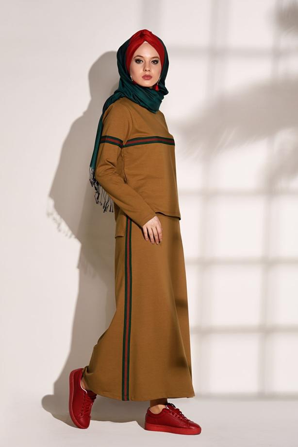 Vêtements hijab  STRIPED SKIRTED TRACKSUIT SET 3708  - TRENDTESETTÜR