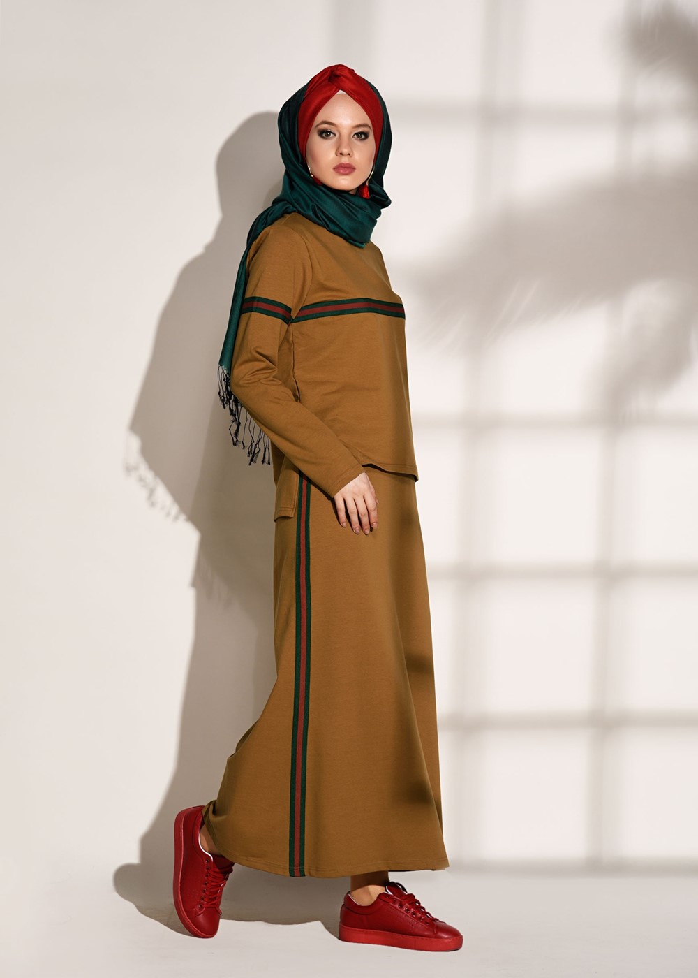 Vêtements hijab ORANGE SURVÊTEMENT JUPE DÉTAILLÉE À BANDES 3708