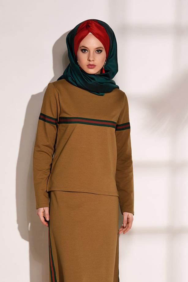 Vêtements hijab  STRIPED SKIRTED TRACKSUIT SET 3708  - TRENDTESETTÜR