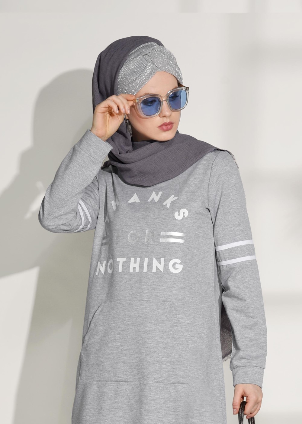 Vêtements hijab GRIS SURVÊTEMENT IMPRIMÉ DÉTAILLÉ AVEC POCHE 7708