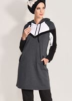 Tesettür giyim GRİ KAPÜŞONLU CEP DETAYLI EŞOFMAN TAKIM 9818 