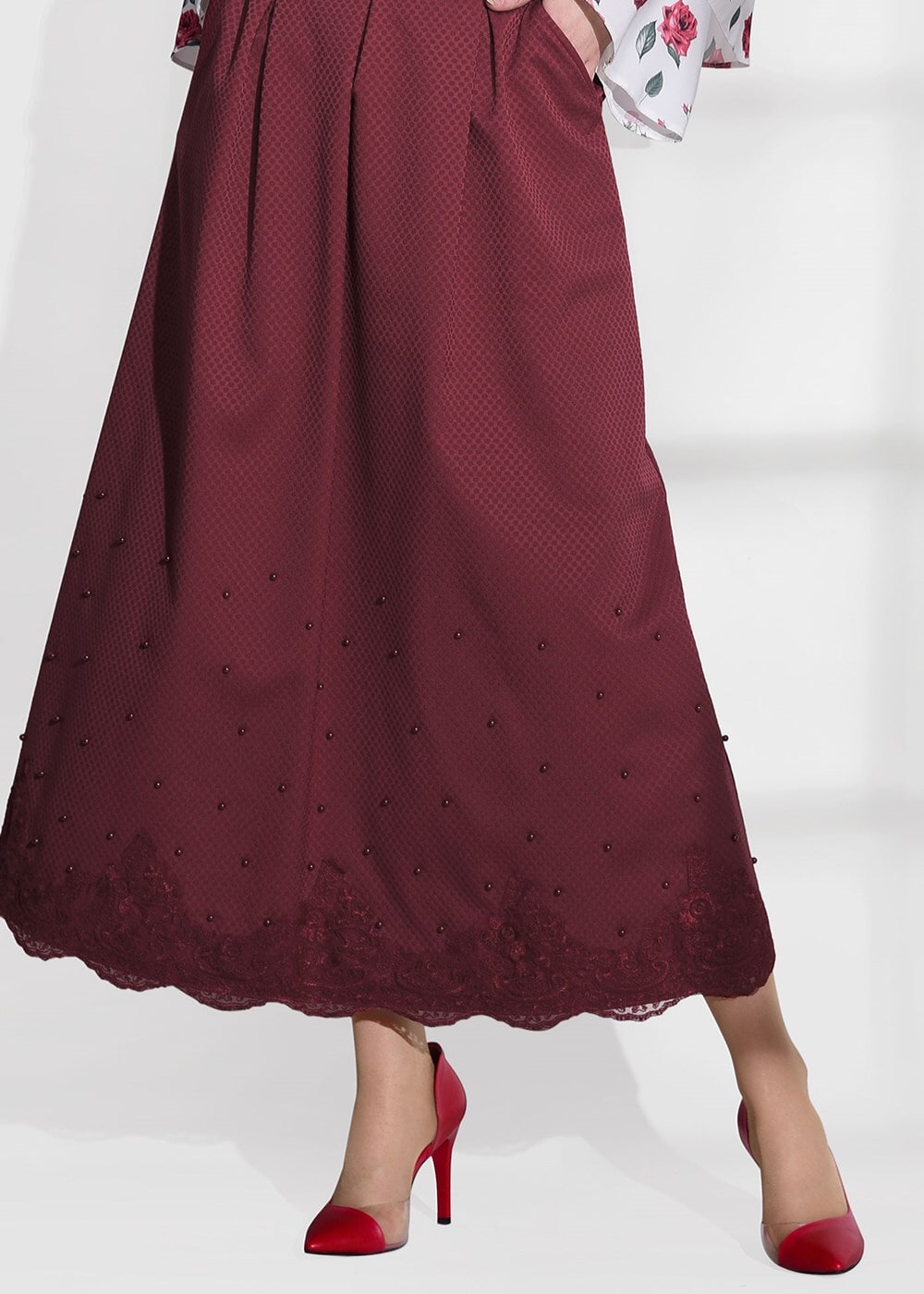 Tesettür giyim BORDO DANTEL DETAYLI JAKAR ETEK 6068-1