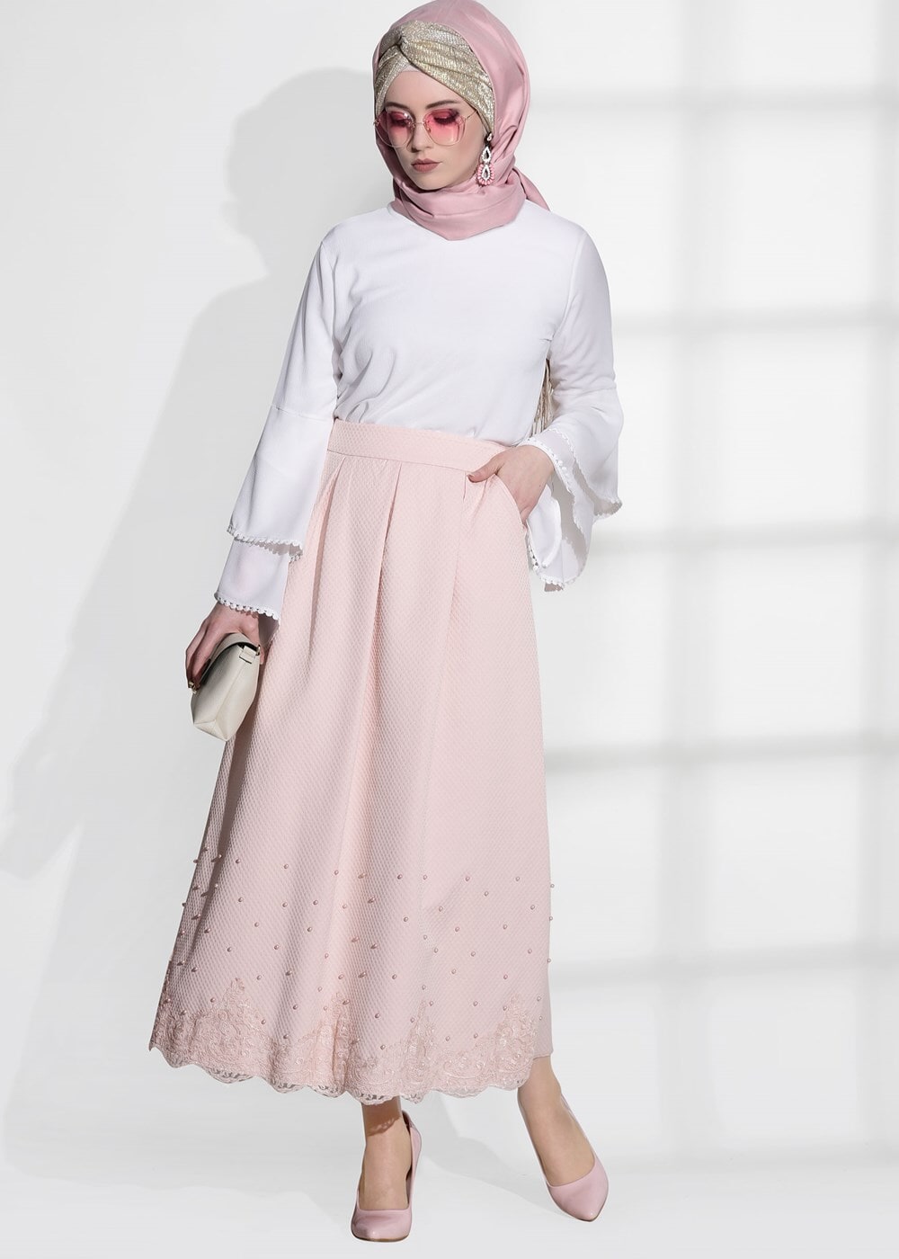 Tesettür giyim PUDRA DANTEL DETAYLI JAKAR ETEK 6068-1
