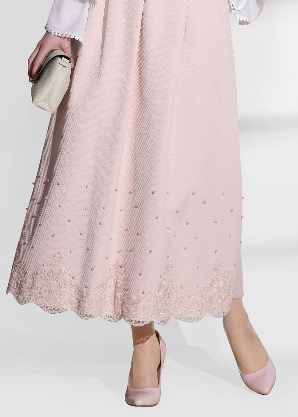 Tesettür giyim PUDRA DANTEL DETAYLI JAKAR ETEK 6068-1