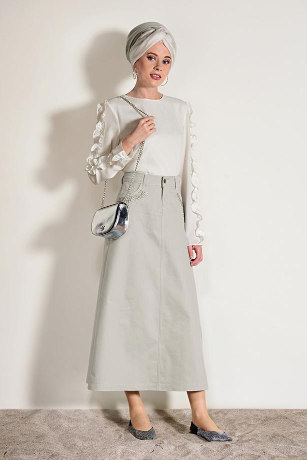 Tesettür giyim  TAŞ BASKI DETAYLI CEPLİ SPOR KESİM ETEK 5221-1  - TRENDTESETTÜR