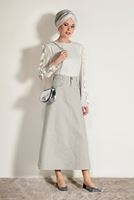 Tesettür giyim BEJ TAŞ BASKI DETAYLI CEPLİ SPOR KESİM ETEK 5221-1 