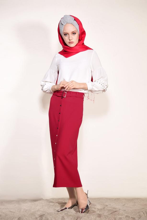 Tesettür giyim  ÖNDEN ÇITÇITLI BELİ KEMERLİ ETEK 67061  - TRENDTESETTÜR