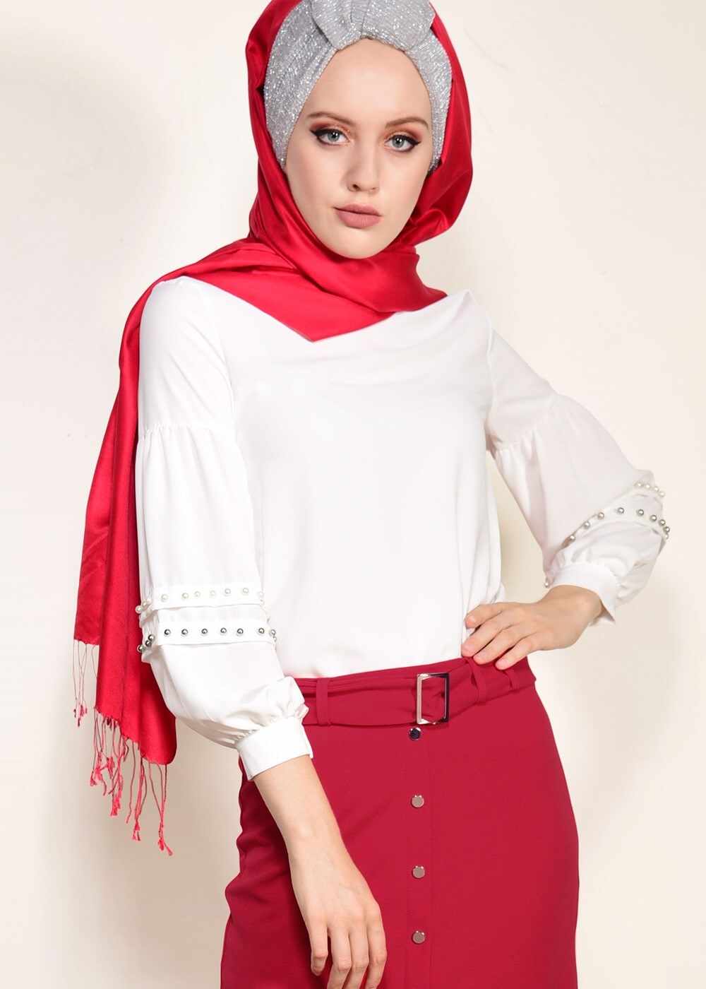 Tesettür giyim KIRMIZI ÖNDEN ÇITÇITLI BELİ KEMERLİ ETEK 67061