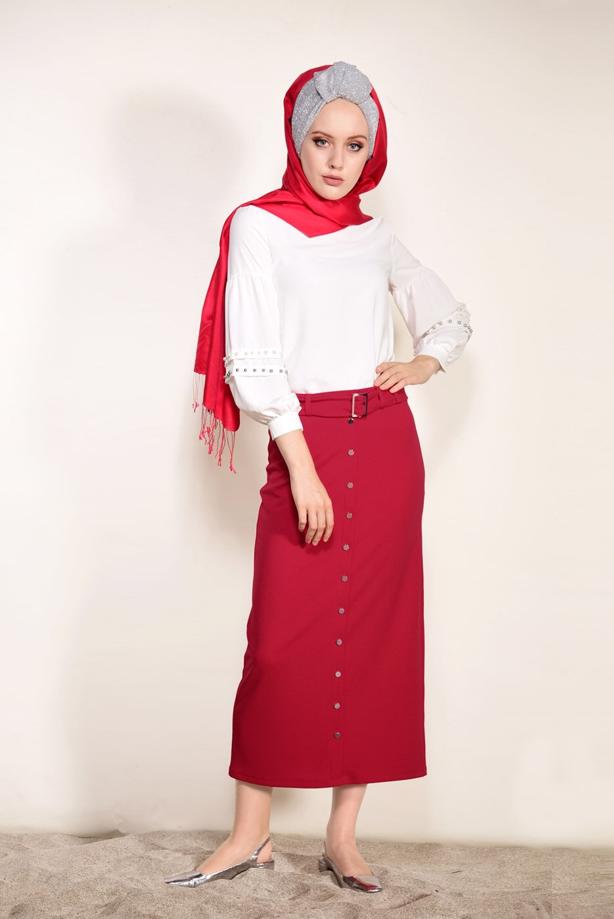 Tesettür giyim  ÖNDEN ÇITÇITLI BELİ KEMERLİ ETEK 67061  - TRENDTESETTÜR