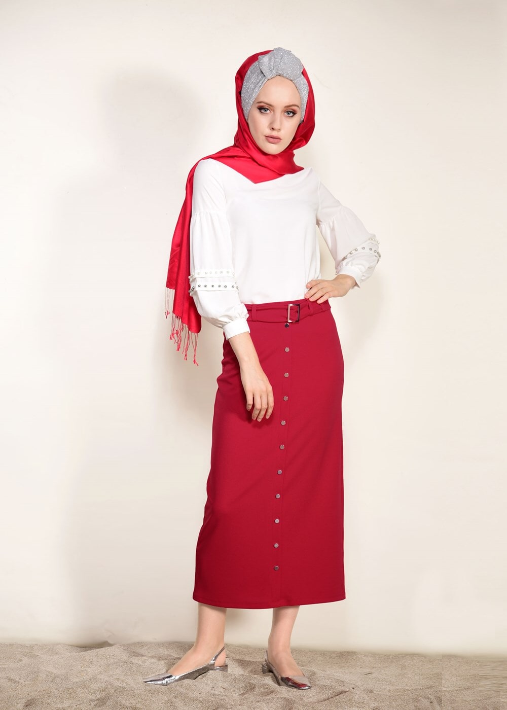 Tesettür giyim KIRMIZI ÖNDEN ÇITÇITLI BELİ KEMERLİ ETEK 67061