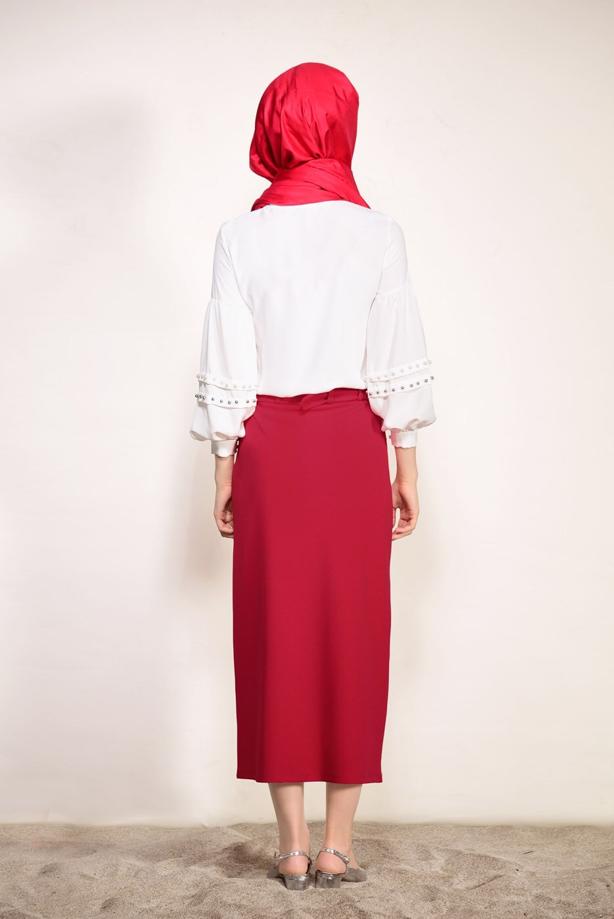 Tesettür giyim  ÖNDEN ÇITÇITLI BELİ KEMERLİ ETEK 67061  - TRENDTESETTÜR