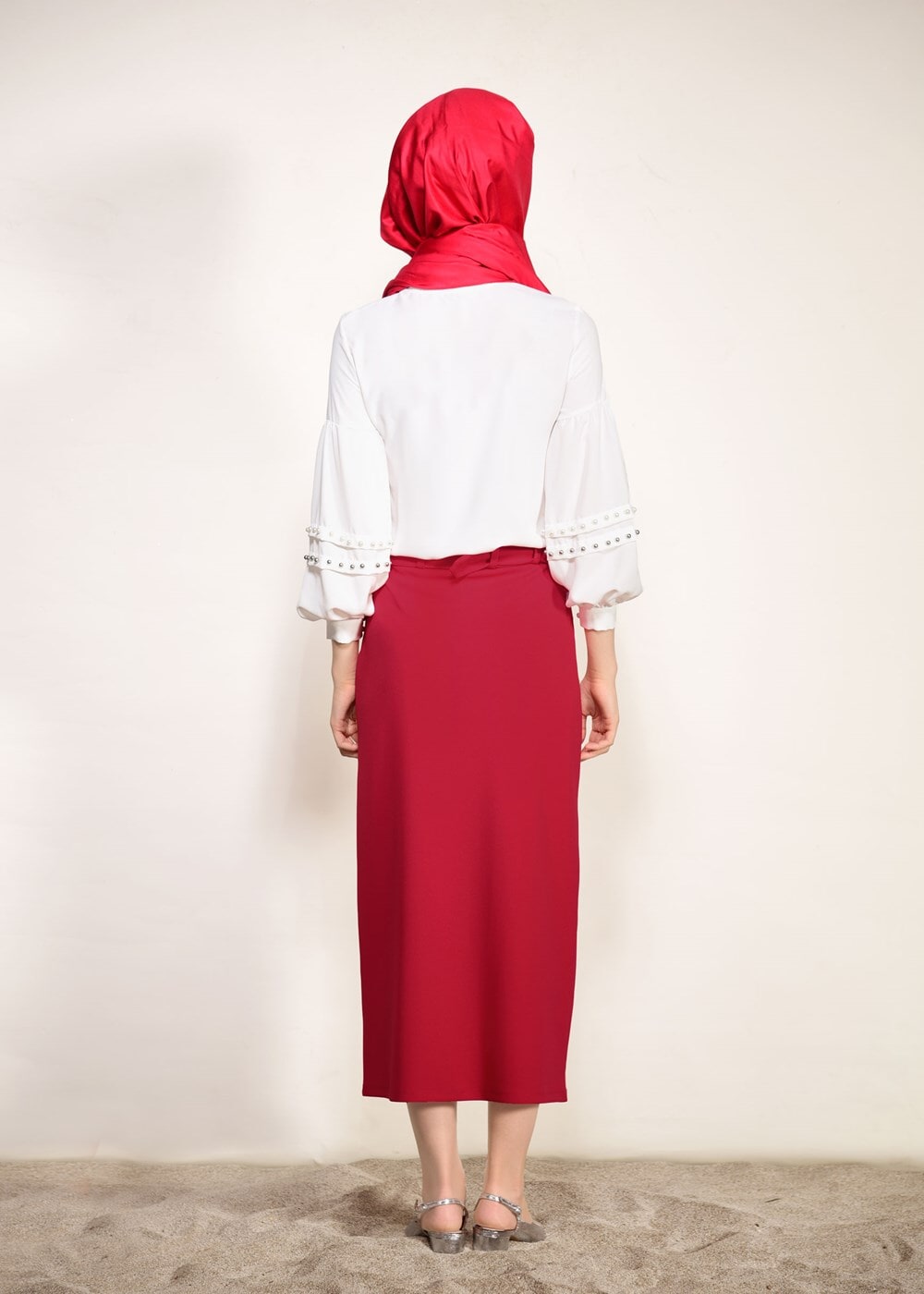 Tesettür giyim KIRMIZI ÖNDEN ÇITÇITLI BELİ KEMERLİ ETEK 67061