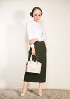 Tesettür giyim HAKİ ÖNDEN ÇITÇITLI BELİ KEMERLİ ETEK 67061 