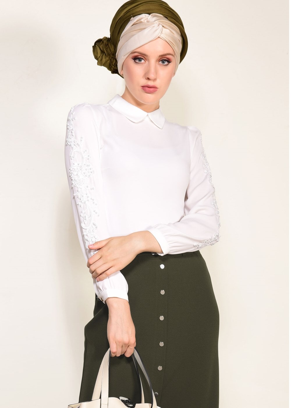 Tesettür giyim HAKİ ÖNDEN ÇITÇITLI BELİ KEMERLİ ETEK 67061 