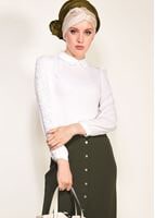 Tesettür giyim HAKİ ÖNDEN ÇITÇITLI BELİ KEMERLİ ETEK 67061 