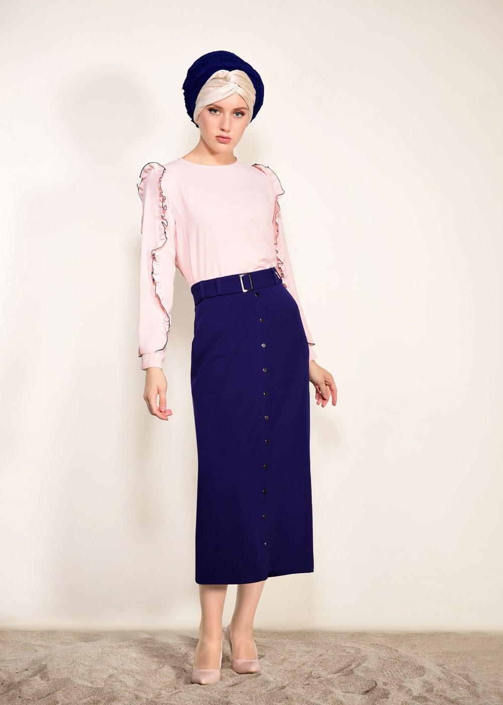 Tesettür giyim LACİVERT ÖNDEN ÇITÇITLI BELİ KEMERLİ ETEK 67061 