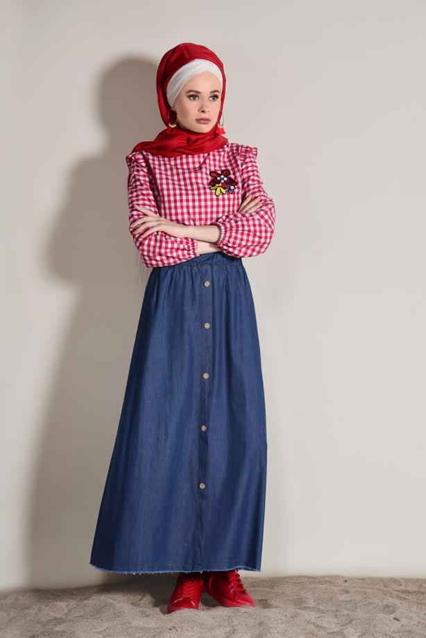 Tesettür giyim  DÜĞME DETAYLI BELİ LASTİKLİ DENİM ETEK 0002  - TRENDTESETTÜR