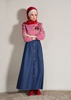 Tesettür giyim LACİVERT DÜĞME DETAYLI BELİ LASTİKLİ DENİM ETEK 0002 